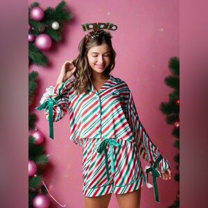 Rareraw Velvet Stripe Ribbon Knot Candy Cane Christmas 2pcs Pajama Set M